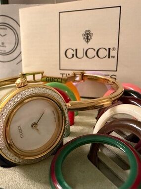 ~Vintage~Auth GUCCI Interchangeable Bezel Bracelet Bangle Watch~Box & Papers
